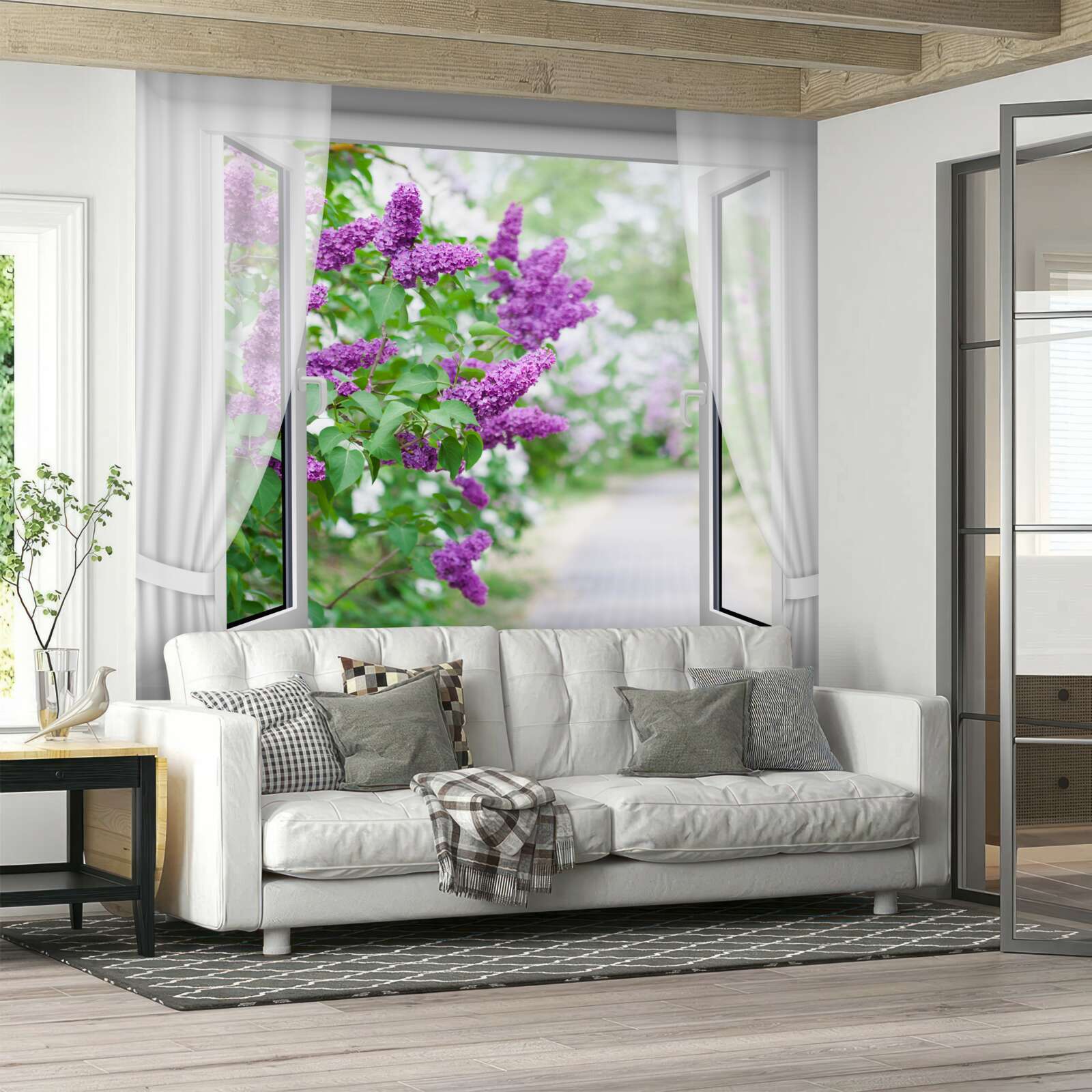 Фотошпалери біле вікно прикрашене бузком