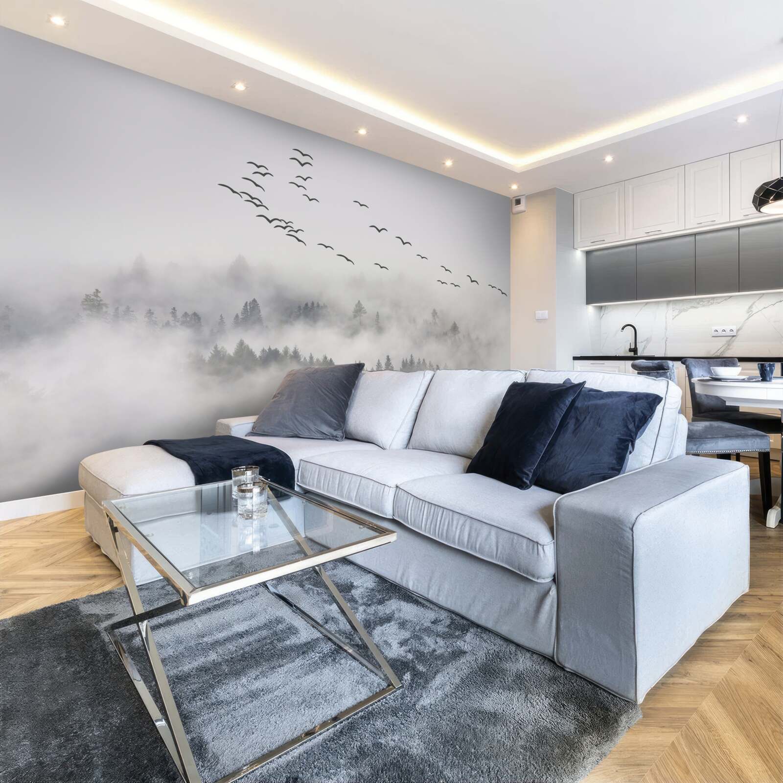 Фотошпалери Зграя птахів вилітає з туману, намагаючись знайти затишні, теплі краї