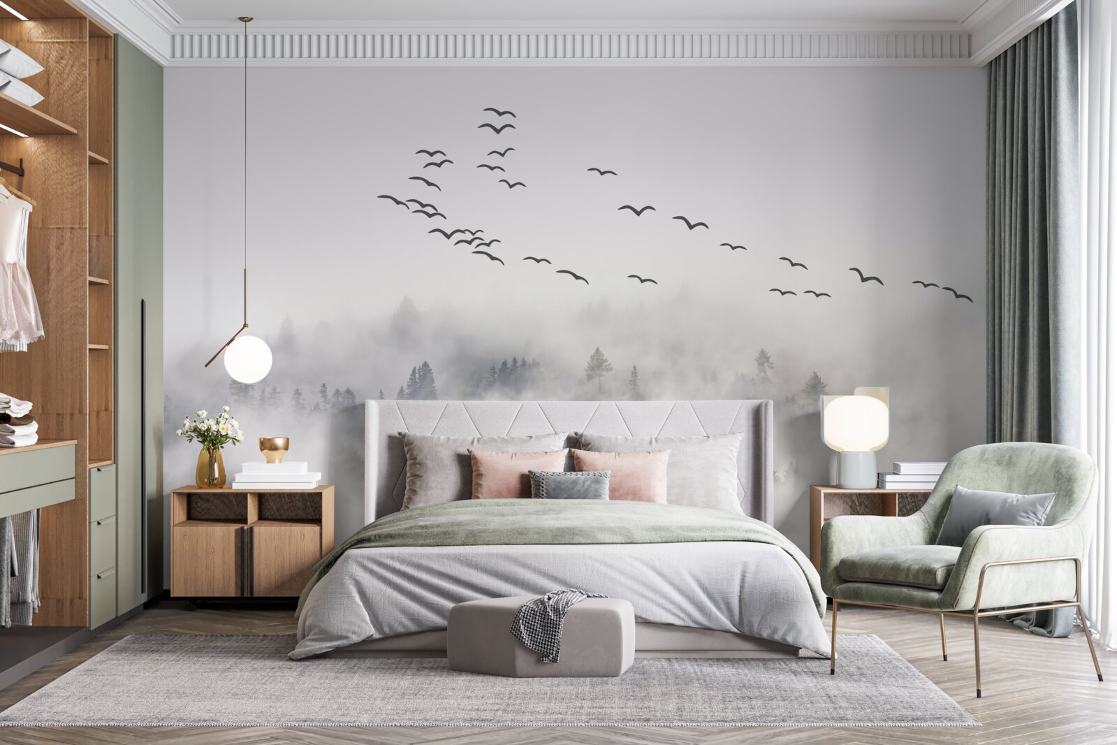 Фотошпалери Зграя птахів вилітає з туману, намагаючись знайти затишні, теплі краї