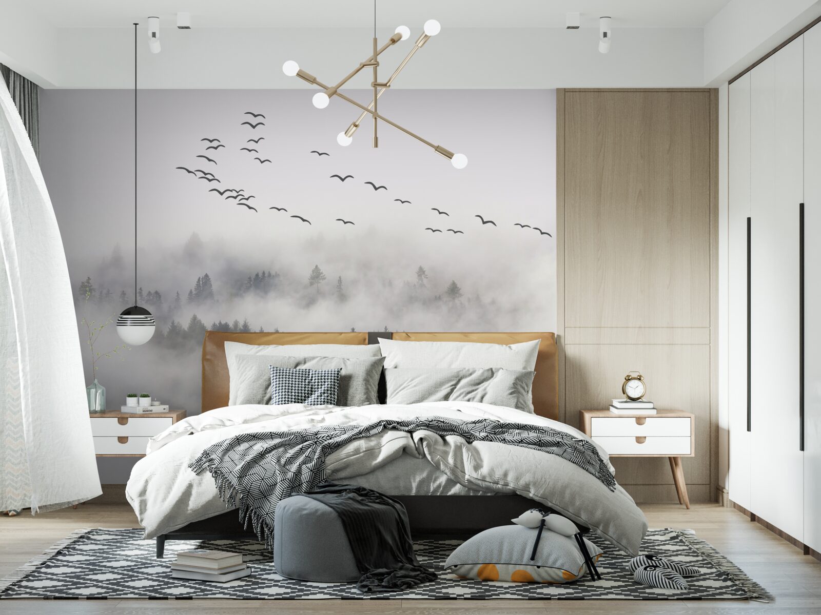 Фотошпалери Зграя птахів вилітає з туману, намагаючись знайти затишні, теплі краї