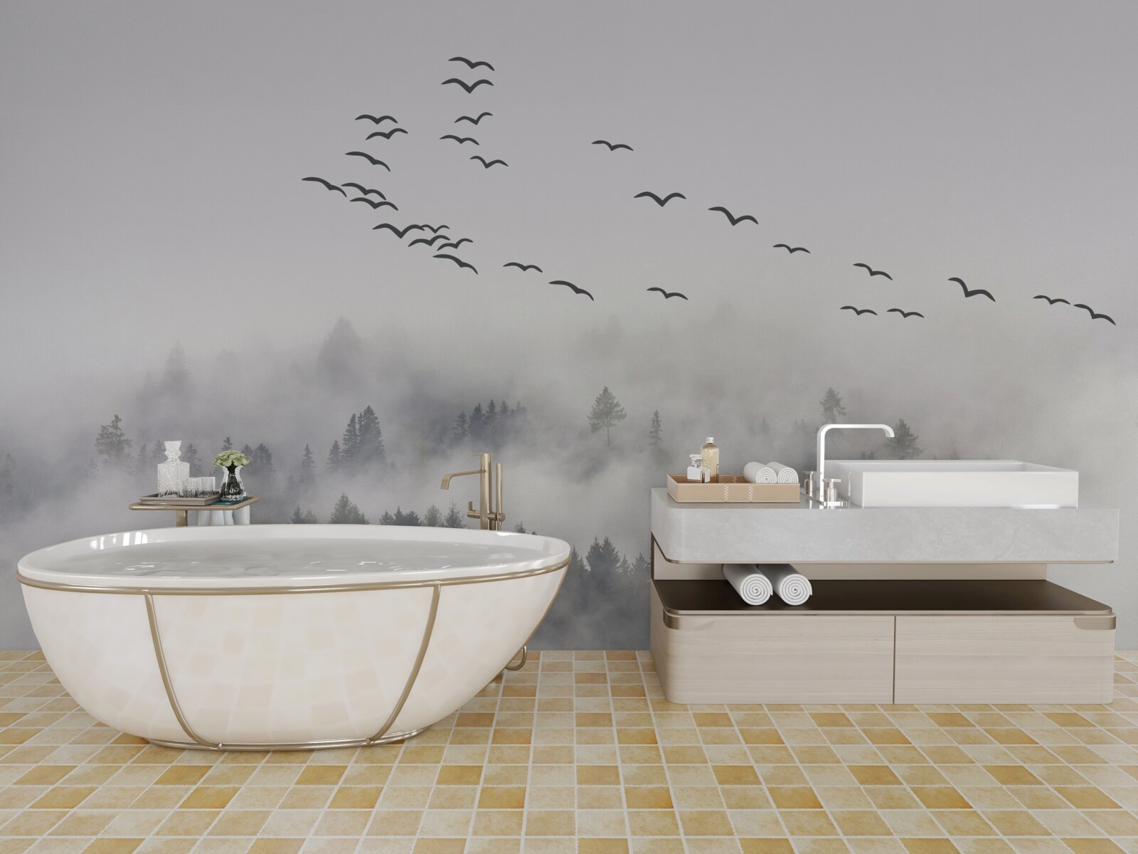 Фотошпалери Зграя птахів вилітає з туману, намагаючись знайти затишні, теплі краї
