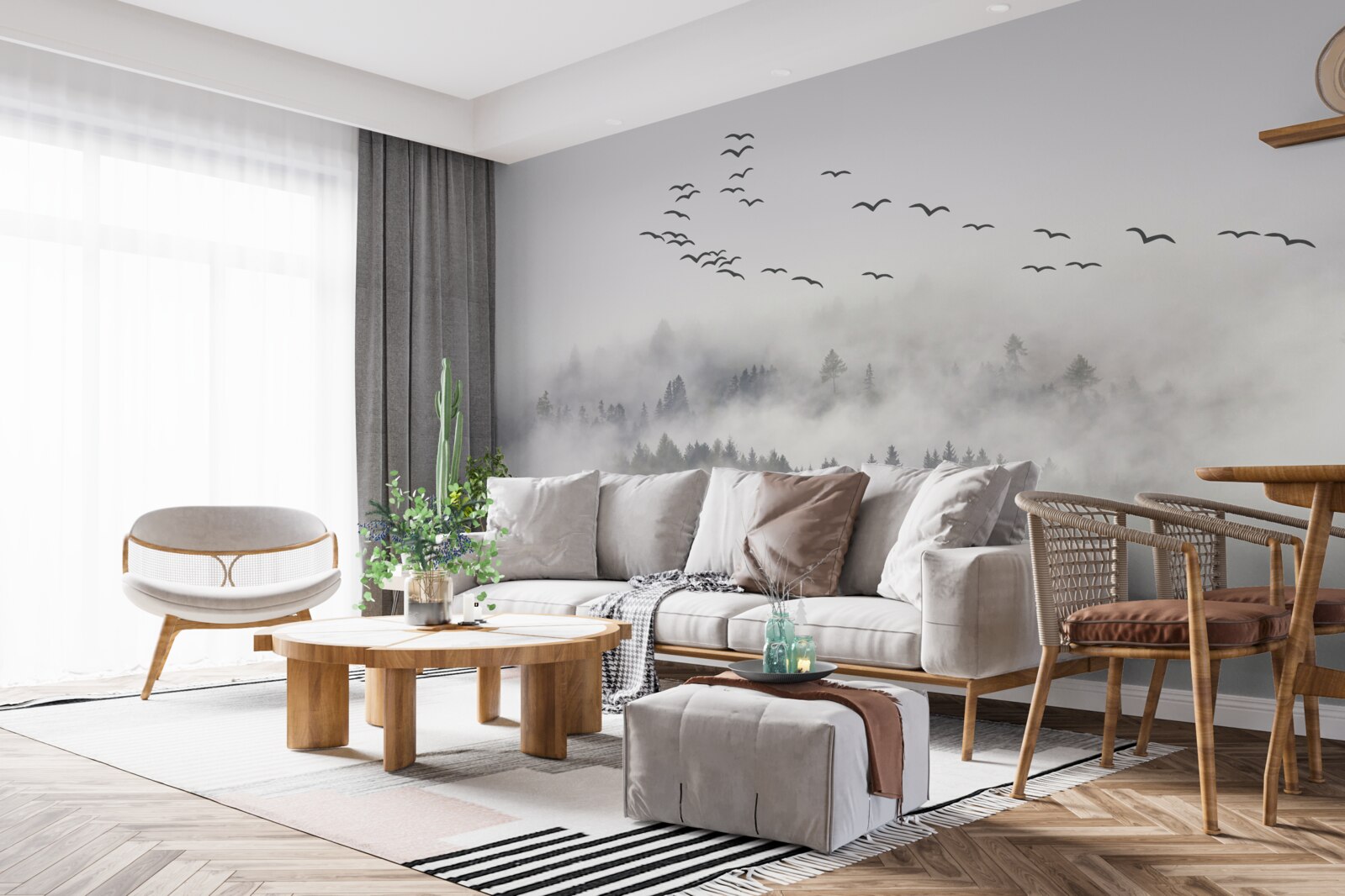 Фотошпалери Зграя птахів вилітає з туману, намагаючись знайти затишні, теплі краї