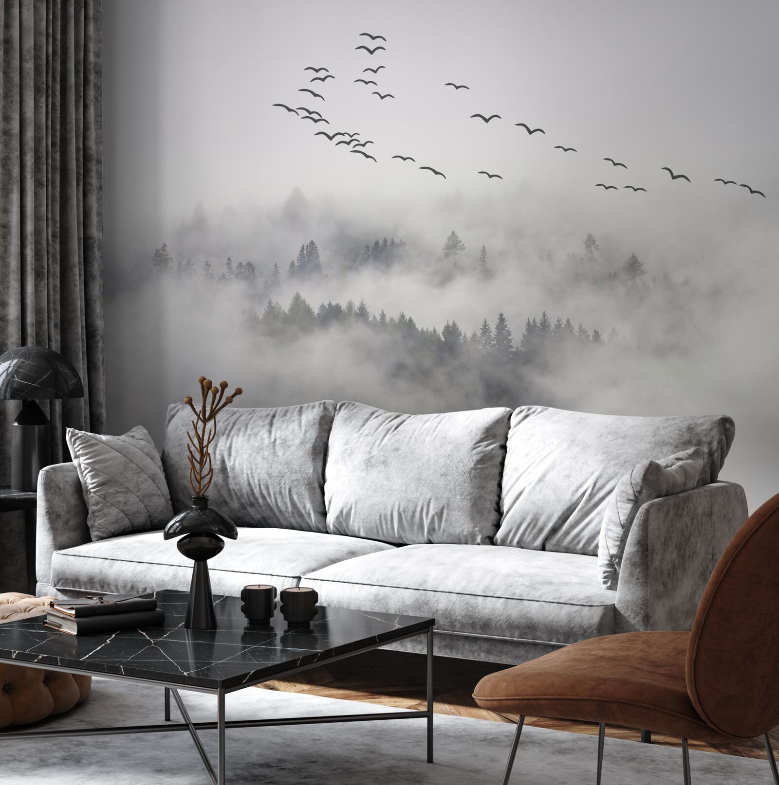 Фотошпалери Зграя птахів вилітає з туману, намагаючись знайти затишні, теплі краї
