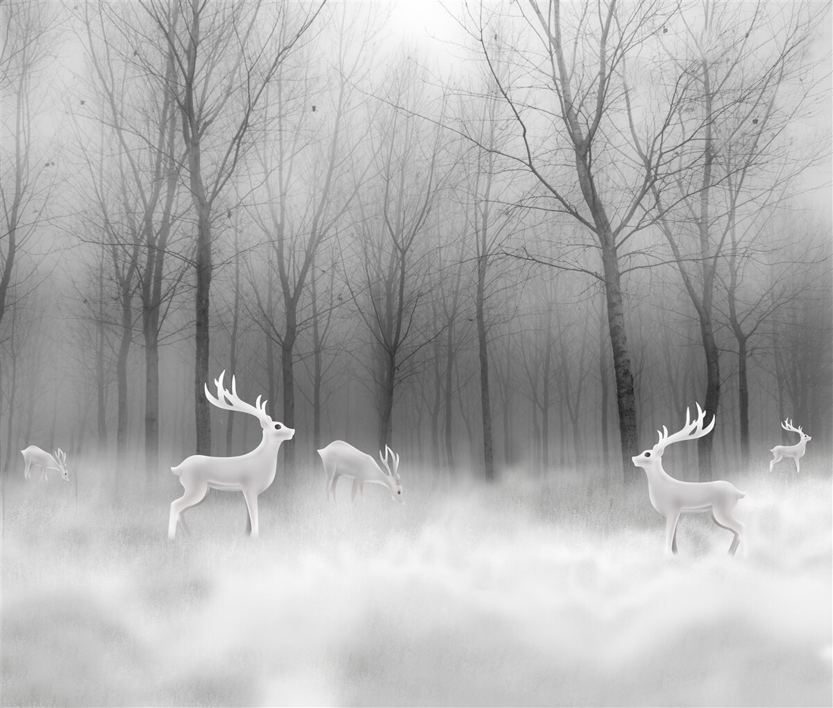 Фотошпалери група оленів блукає туманним лісом