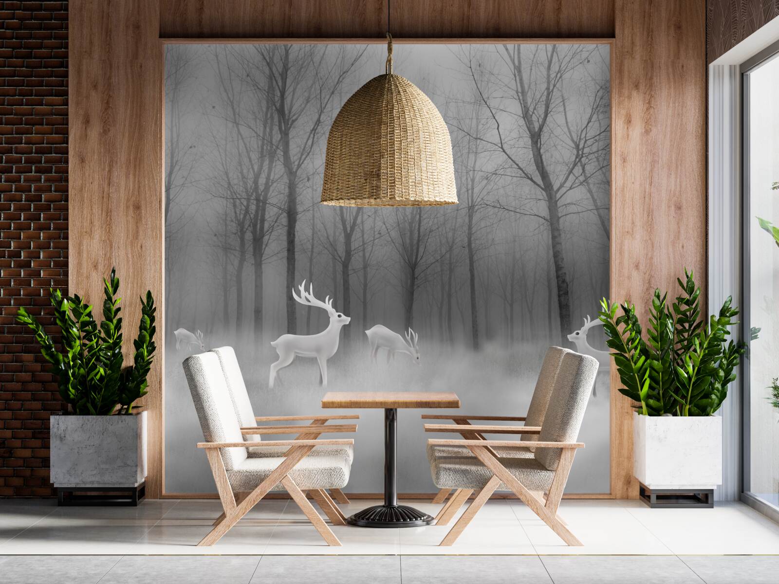 Фотошпалери група оленів блукає туманним лісом