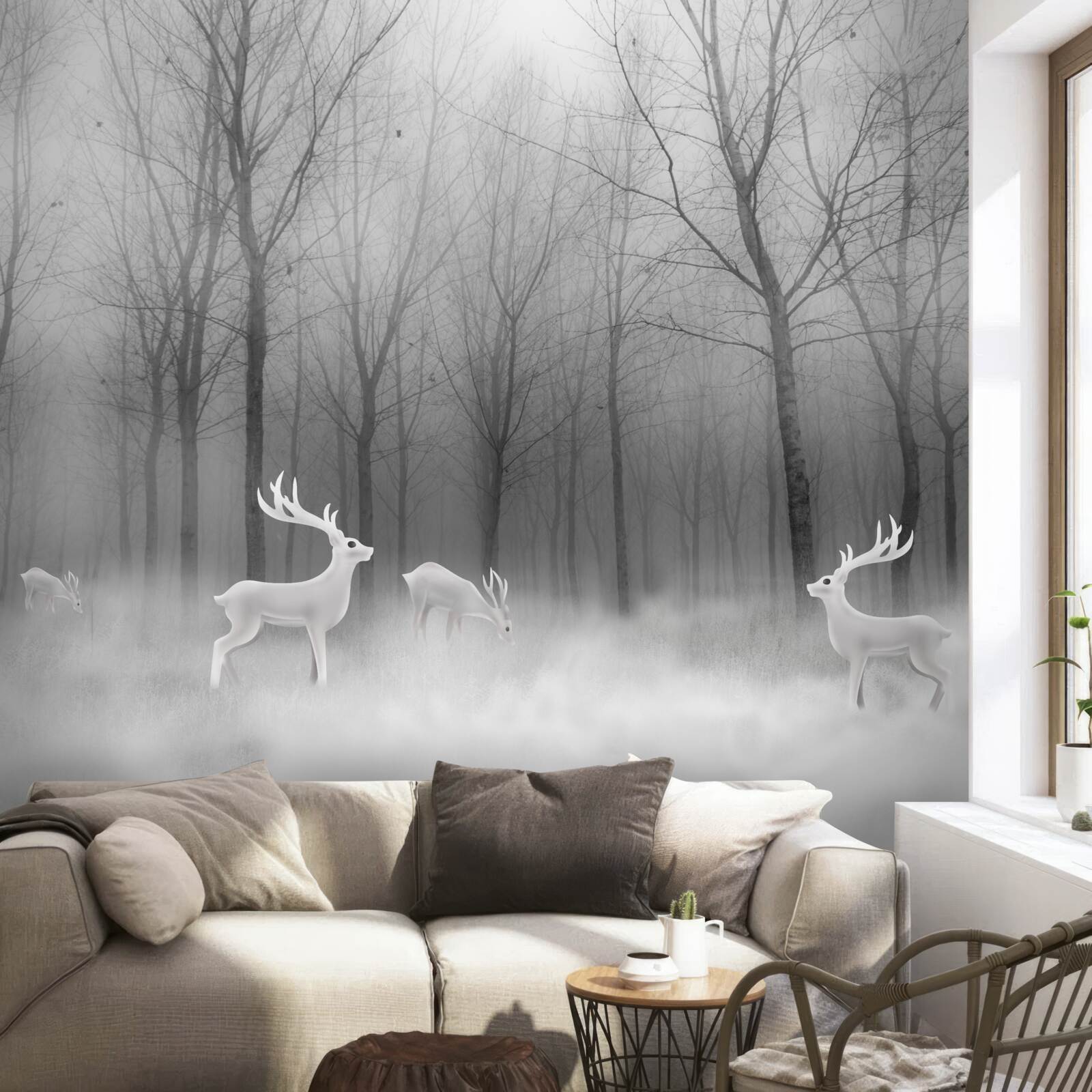 Фотошпалери група оленів блукає туманним лісом