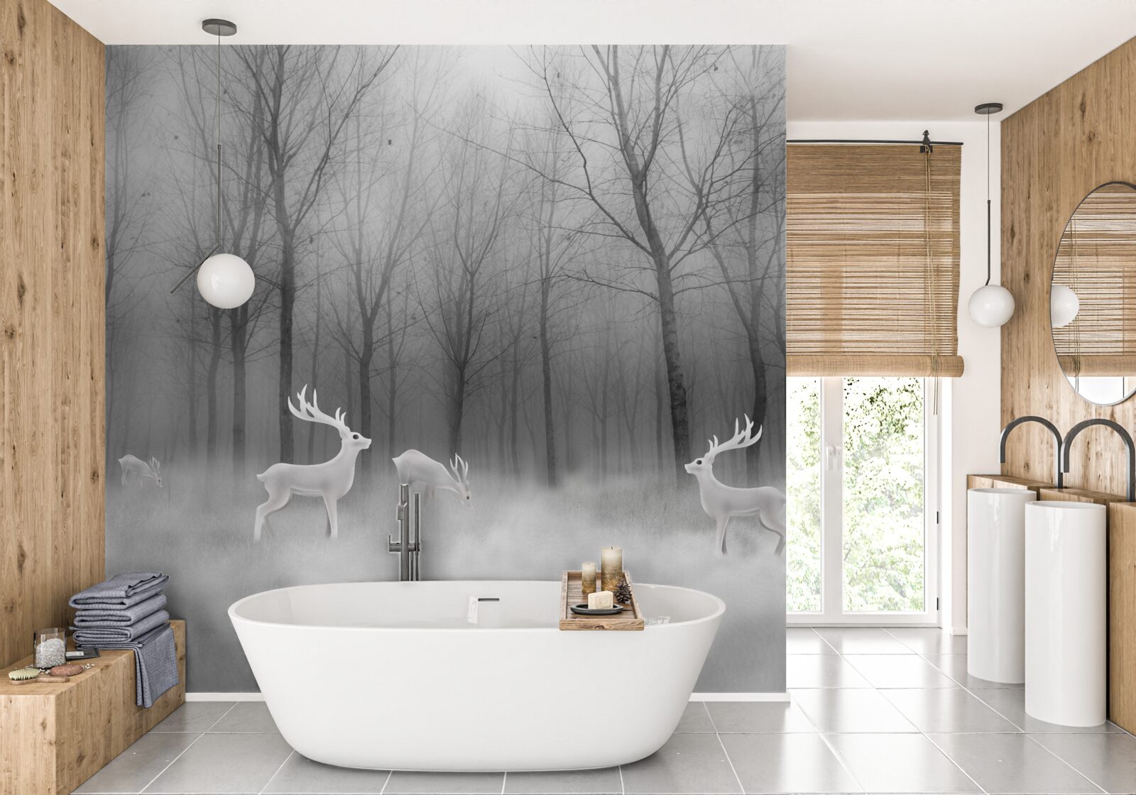 Фотошпалери група оленів блукає туманним лісом