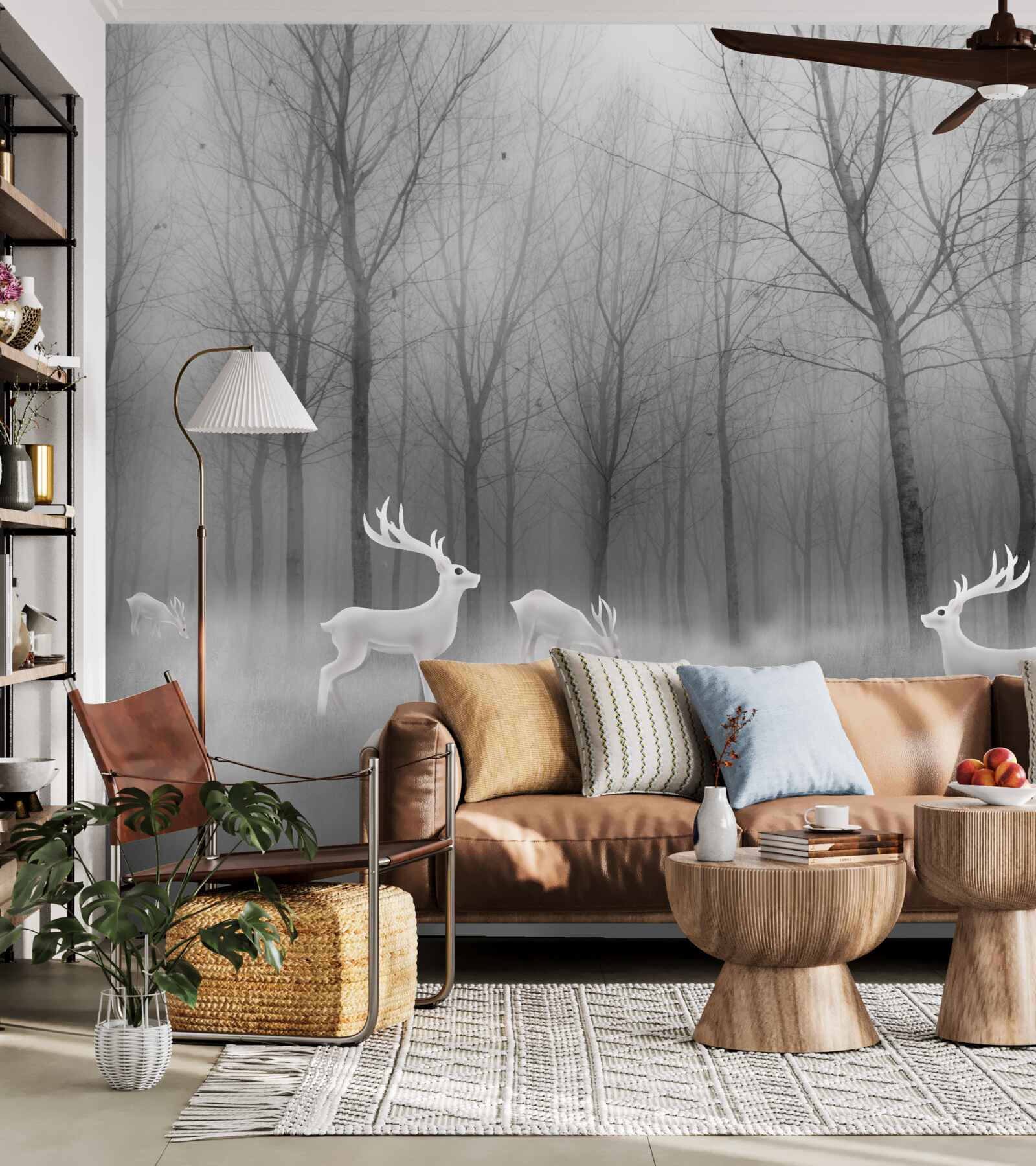 Фотошпалери група оленів блукає туманним лісом