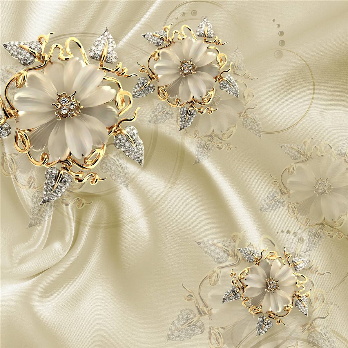 Фотошпалери запонка у формі квітки з пелюстками на бежевій шовковій тканині