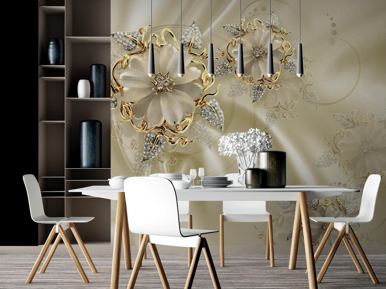 Фотошпалери запонка у формі квітки з пелюстками на бежевій шовковій тканині