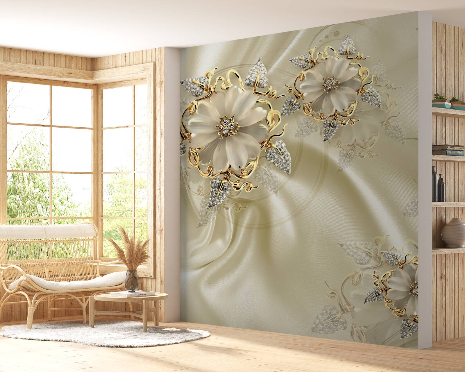 Фотошпалери запонка у формі квітки з пелюстками на бежевій шовковій тканині