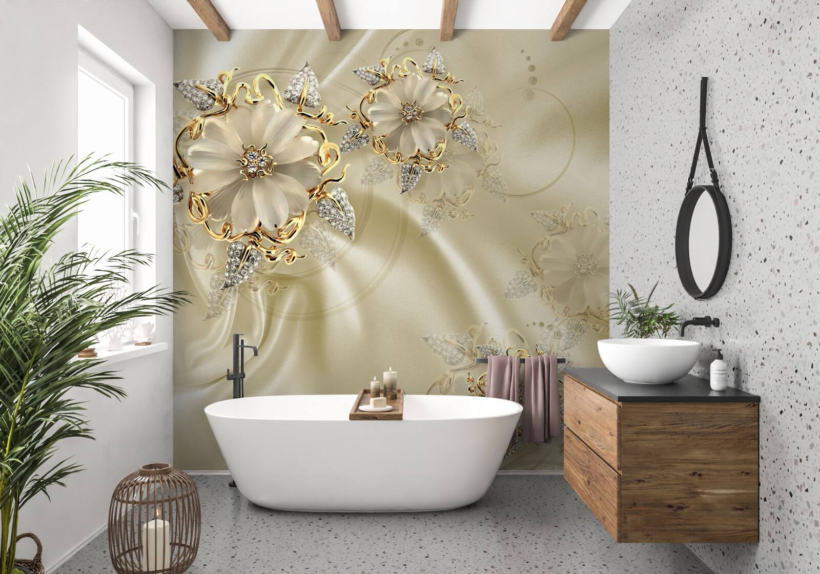 Фотошпалери запонка у формі квітки з пелюстками на бежевій шовковій тканині