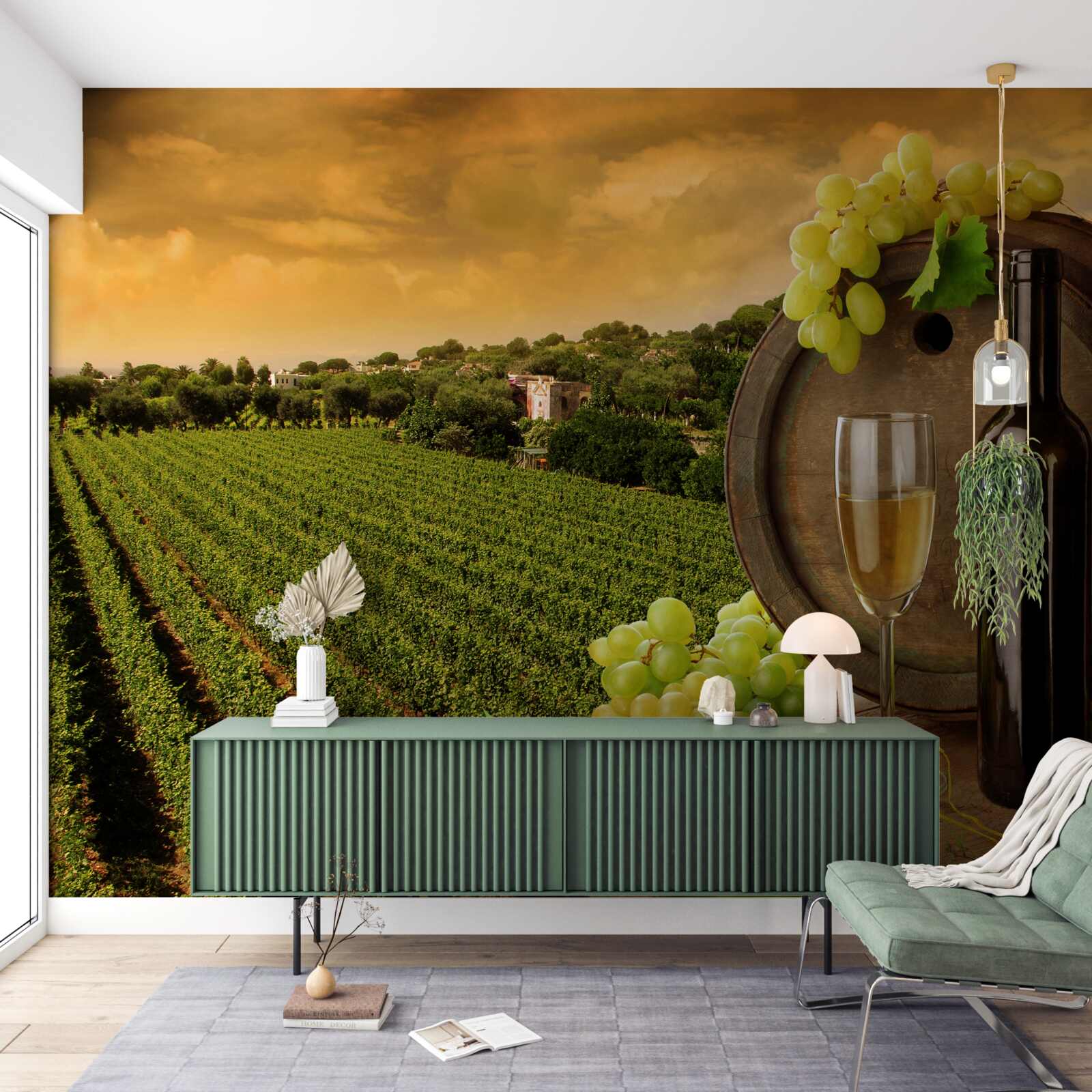 Фотошпалери захід сонця над виноградниками