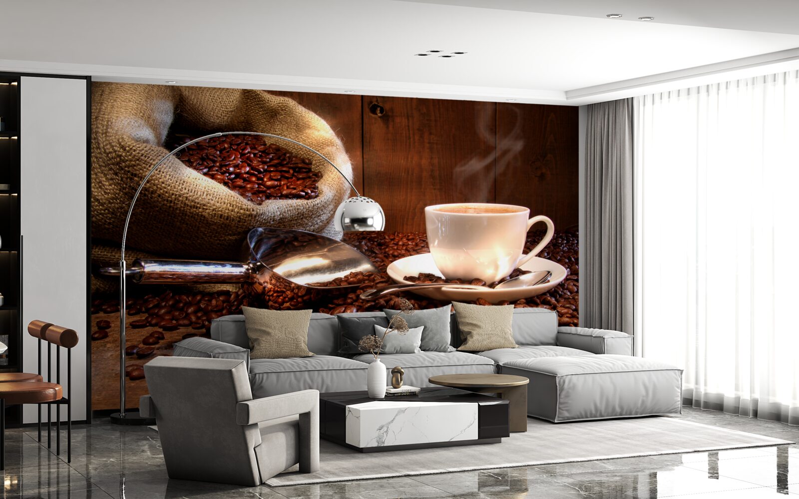 Фотошпалери кавові зерна під чашку ароматної кави