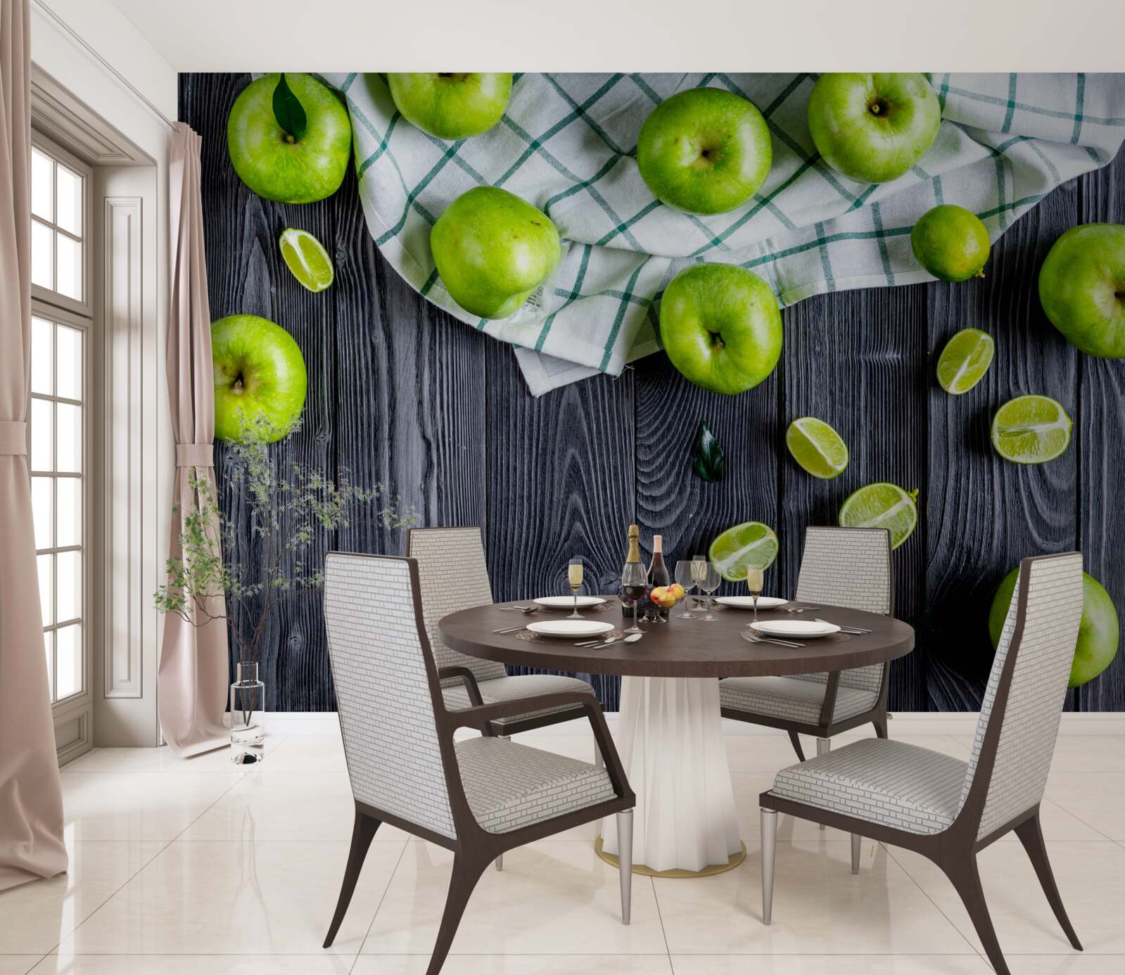 Фотошпалери лайми та зелені яблука на столі