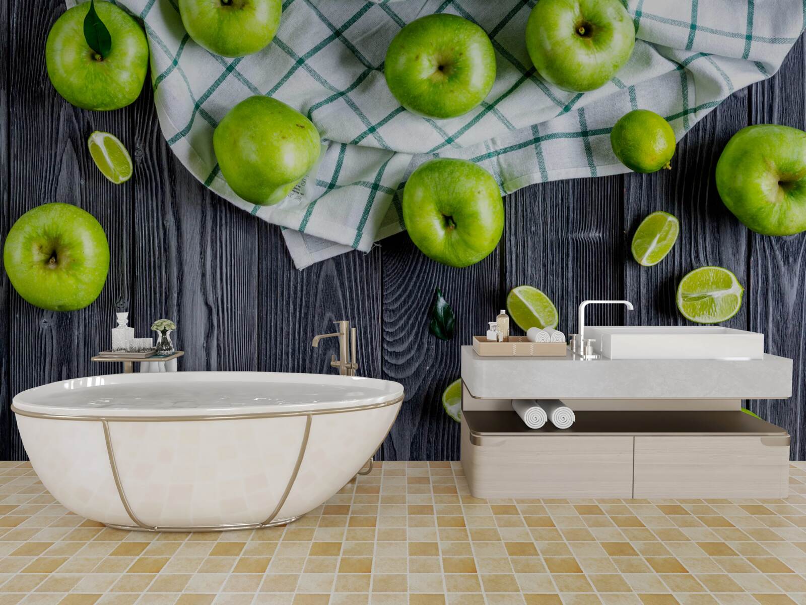 Фотошпалери лайми та зелені яблука на столі