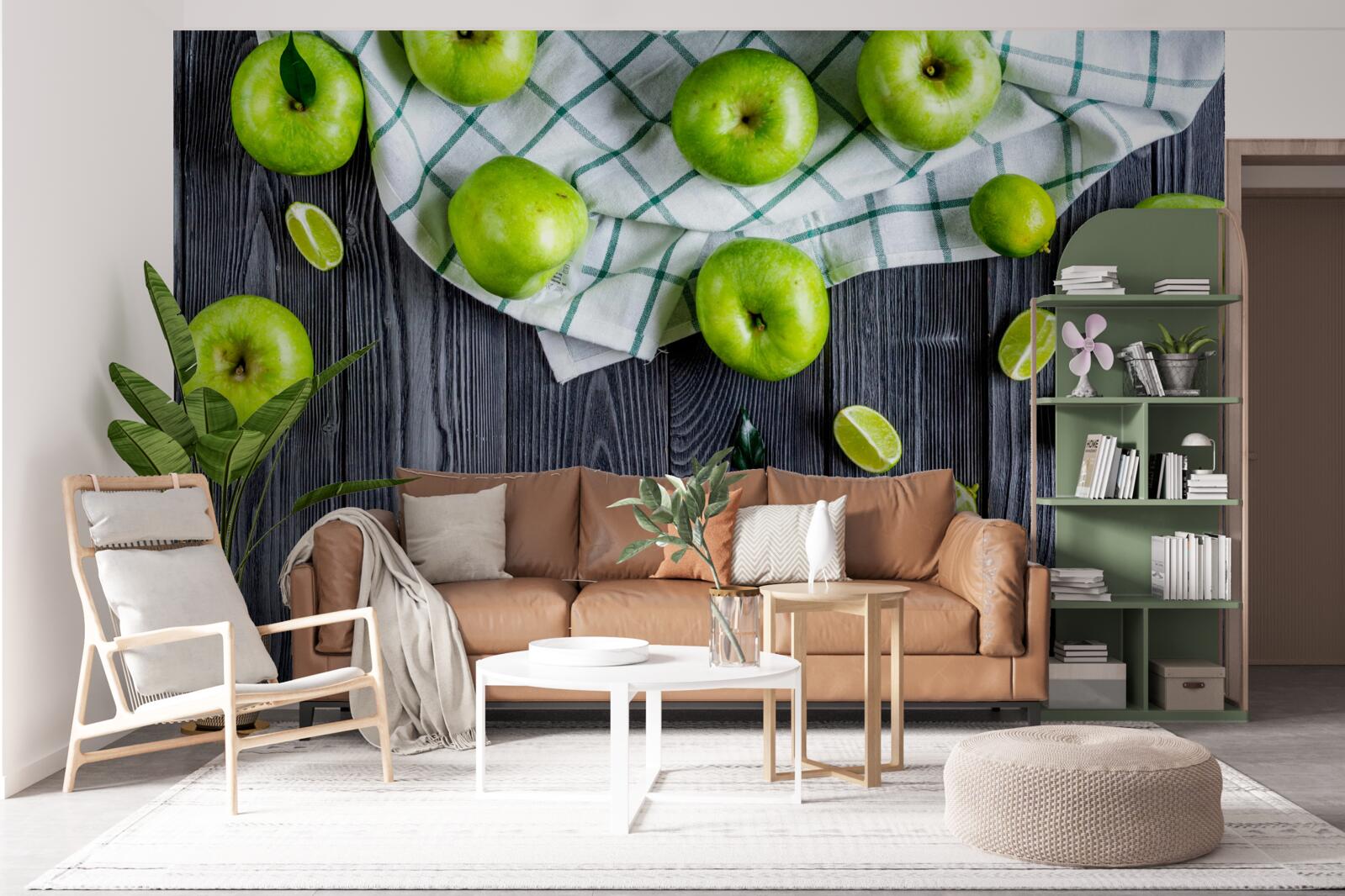 Фотошпалери лайми та зелені яблука на столі
