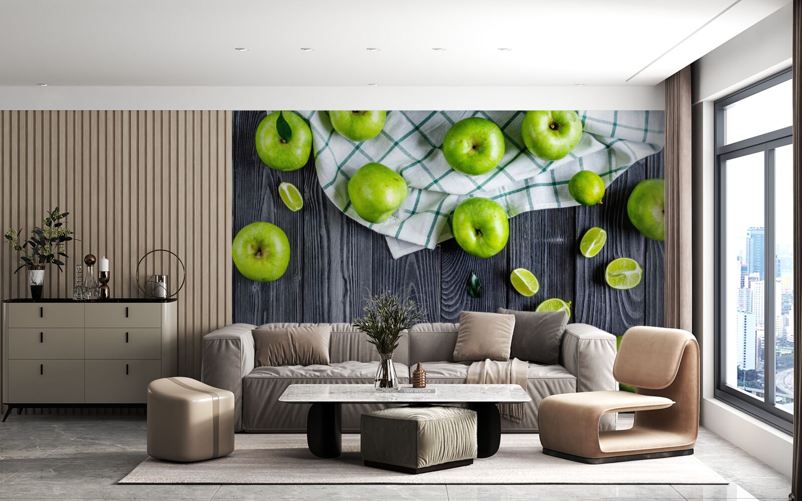 Фотошпалери лайми та зелені яблука на столі