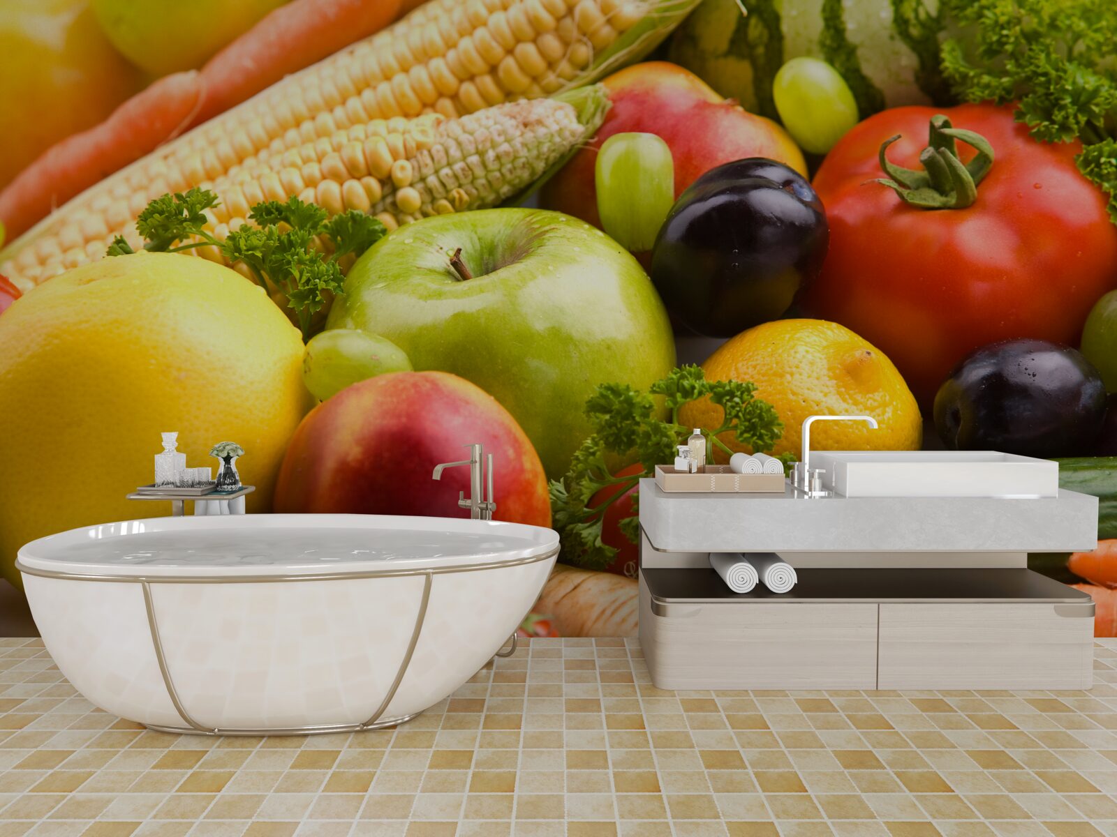 Фотошпалери упорядковані фрукти та овочі