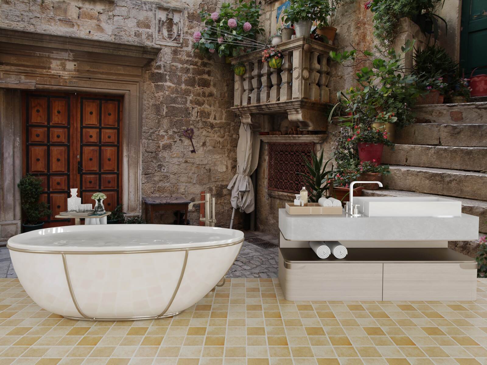 Фотошпалери історичні сходи у внутрішньому дворику