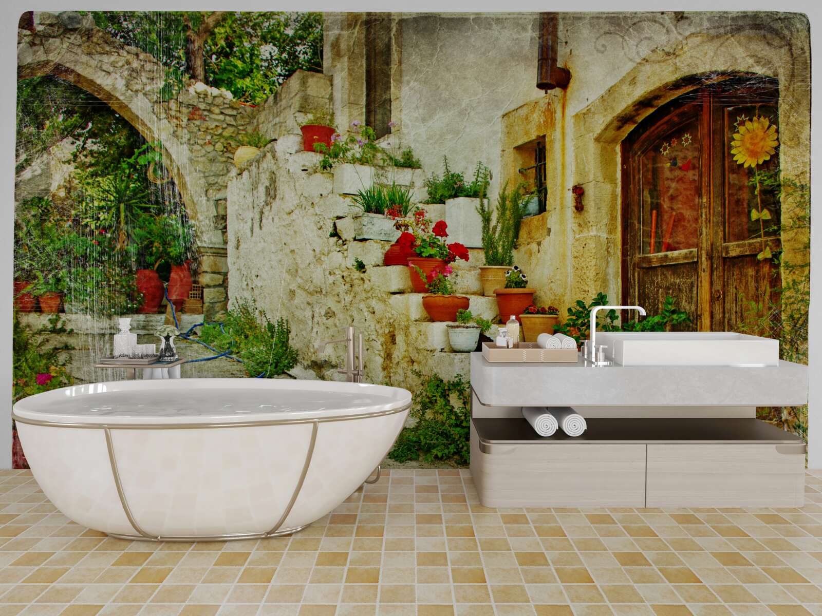 Фотошпалери вазони на кам'яних сходах