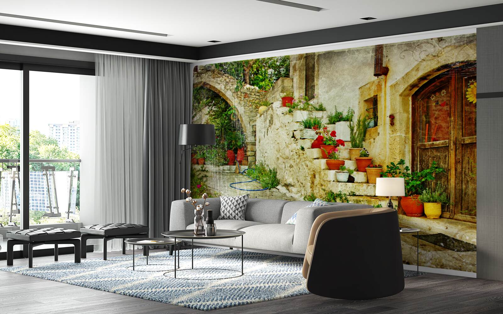 Фотошпалери вазони на кам'яних сходах