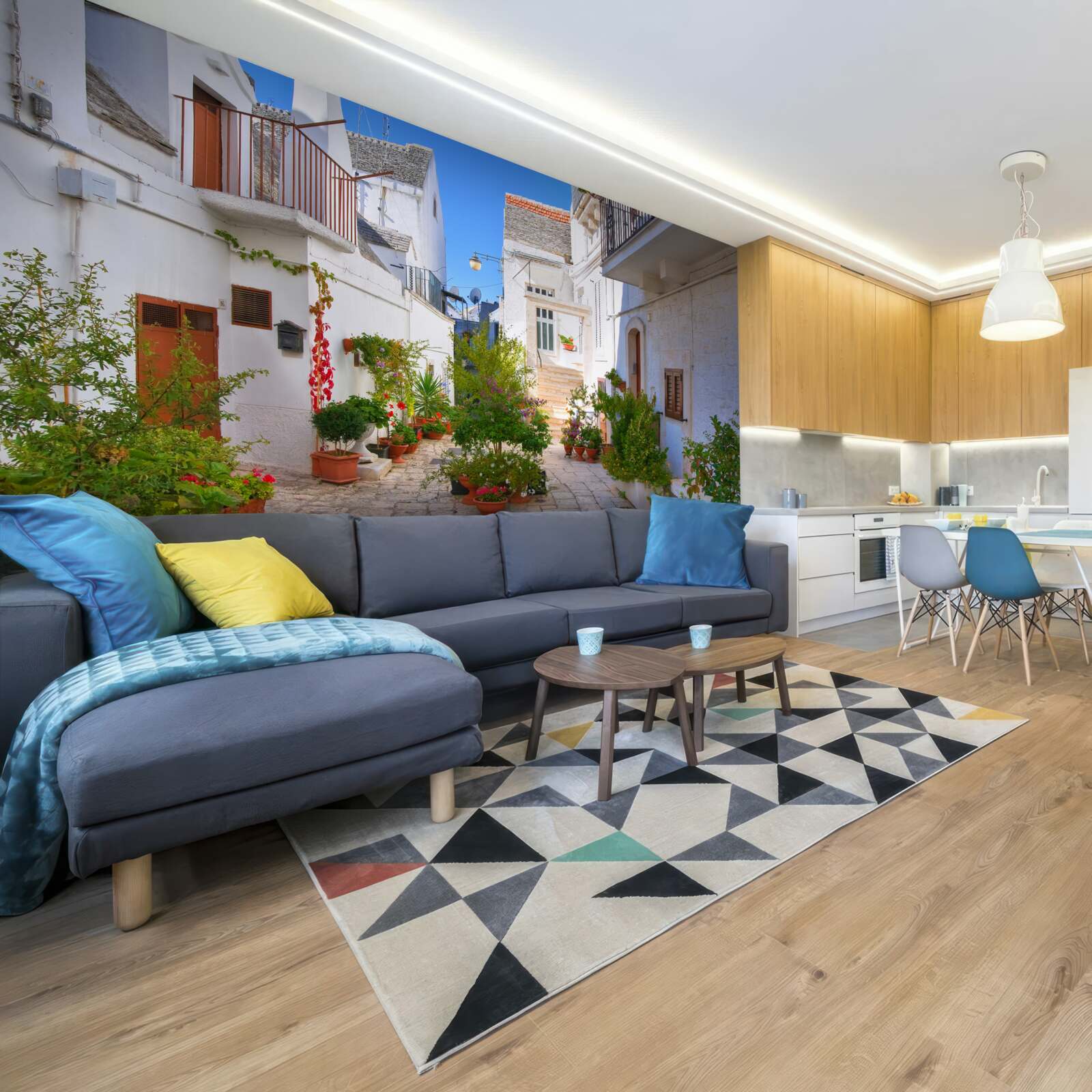 Фотошпалери вулиця Санторіні, що потопає в зелені