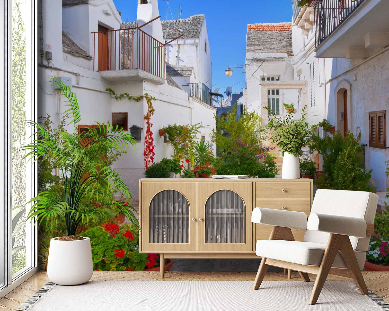 Фотошпалери вулиця Санторіні, що потопає в зелені