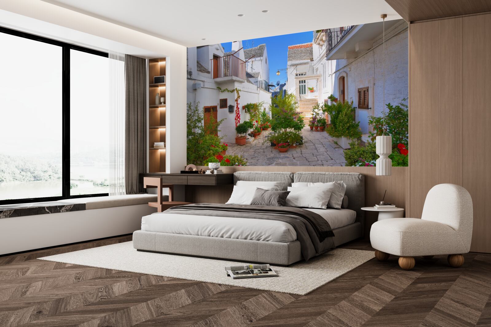 Фотошпалери вулиця Санторіні, що потопає в зелені