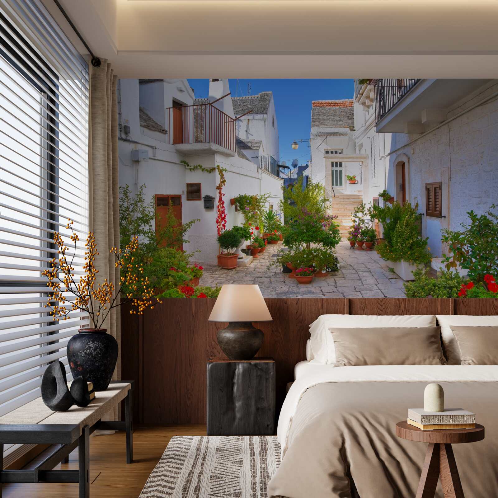 Фотошпалери вулиця Санторіні, що потопає в зелені