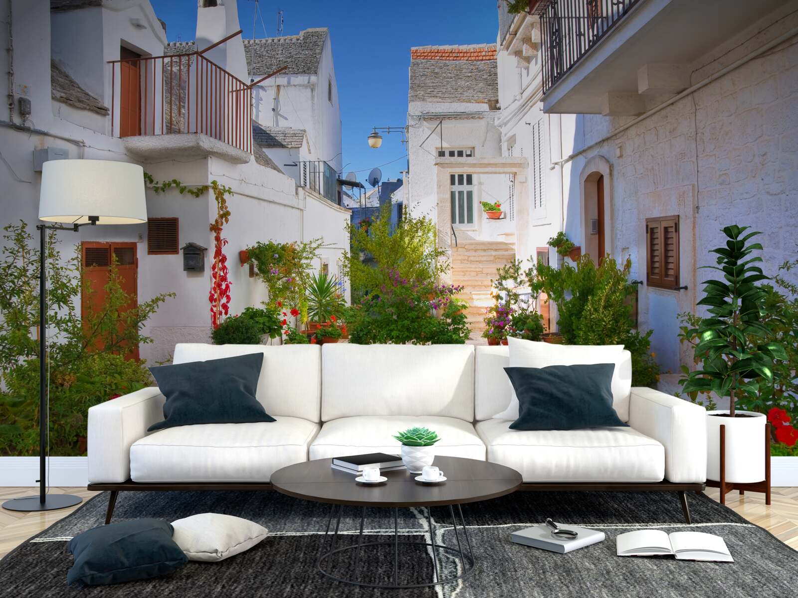 Фотошпалери вулиця Санторіні, що потопає в зелені