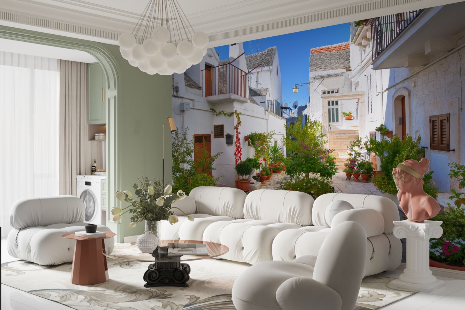 Фотошпалери вулиця Санторіні, що потопає в зелені