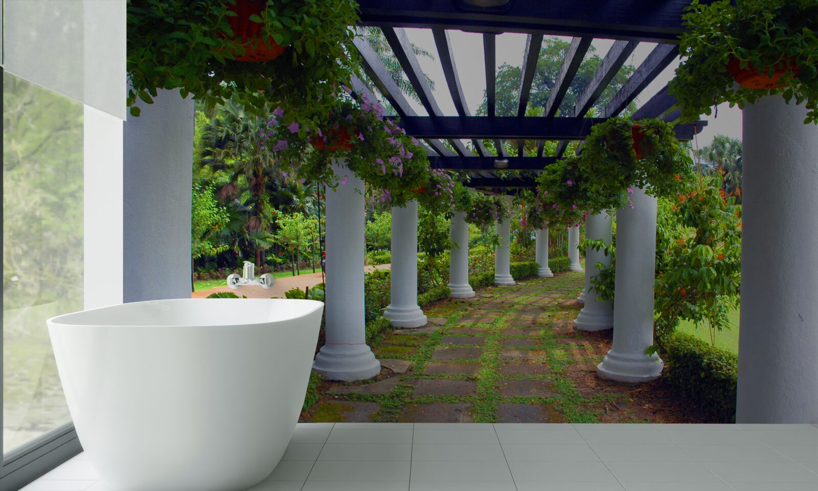 Фотошпалери білі бетонні колони в саду