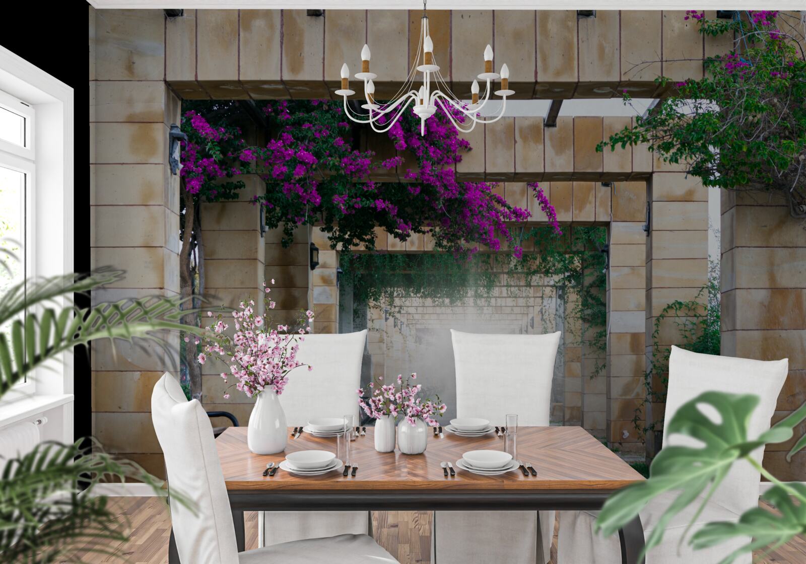 Фотошпалери прямокутна арка з каменю, прикрашена квітами