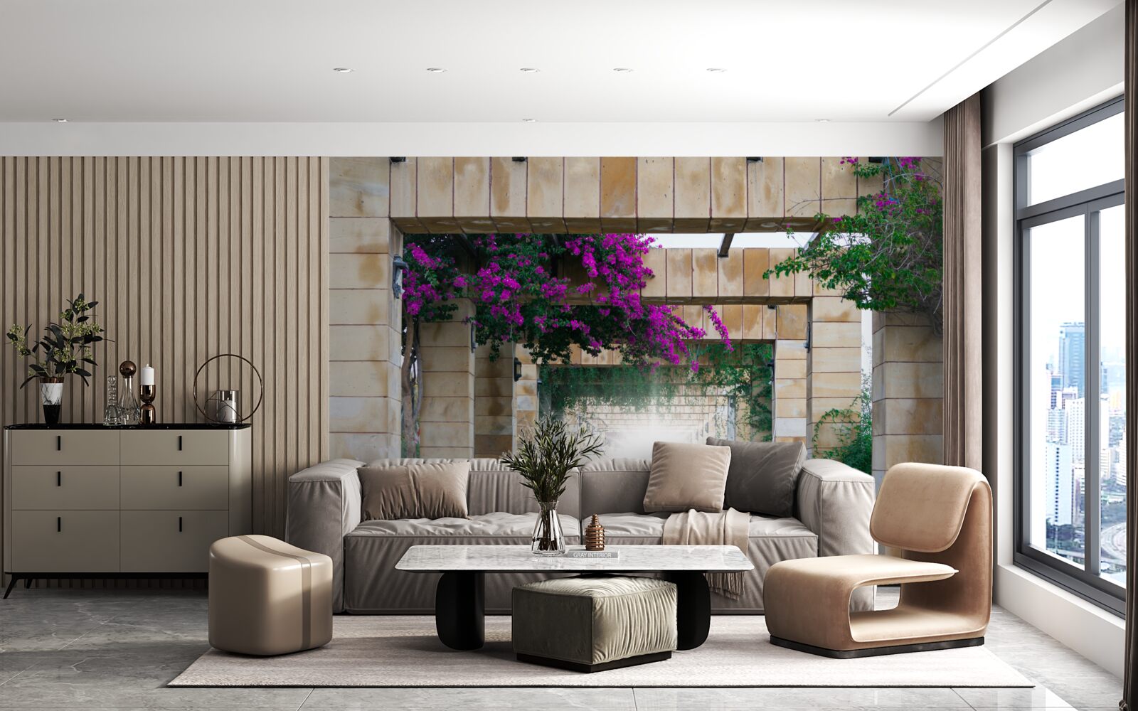 Фотошпалери прямокутна арка з каменю, прикрашена квітами