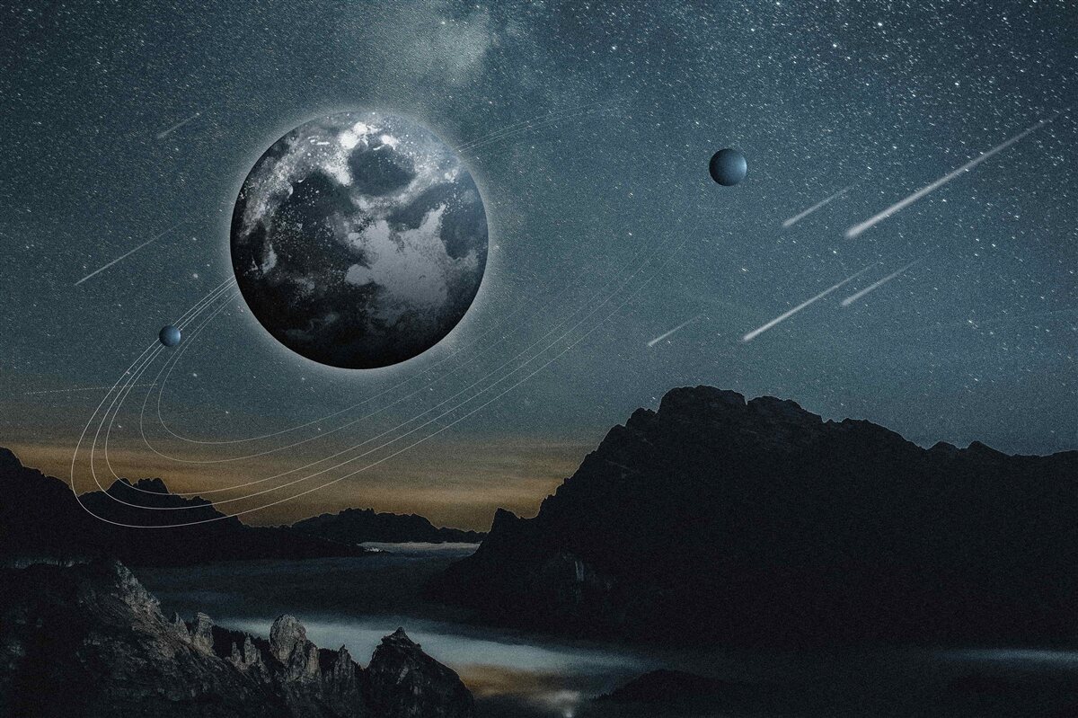 Фотошпалери метеоритний дощ і супутник Землі