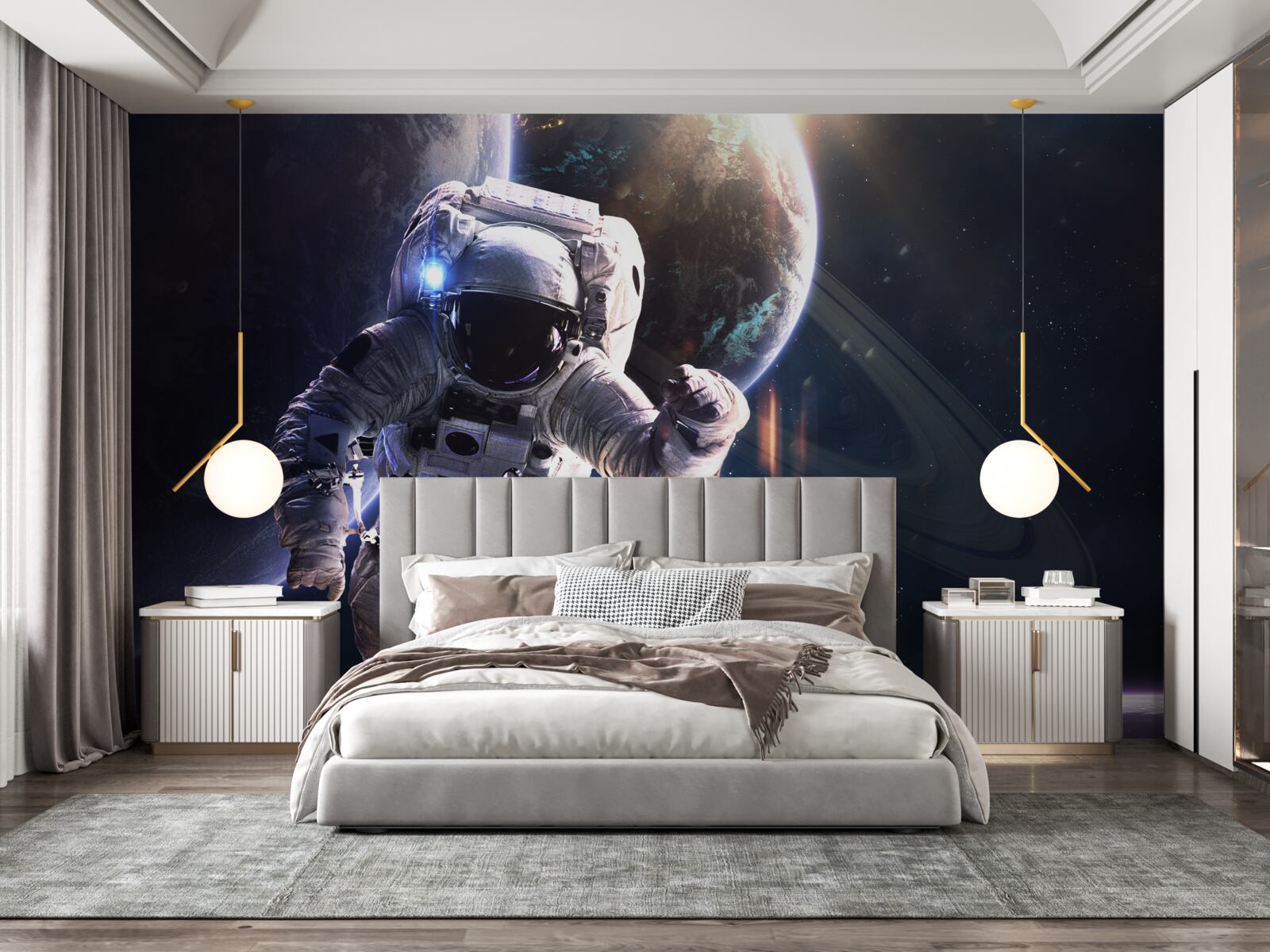 Фотошпалери астронавт позує перед Юпітером