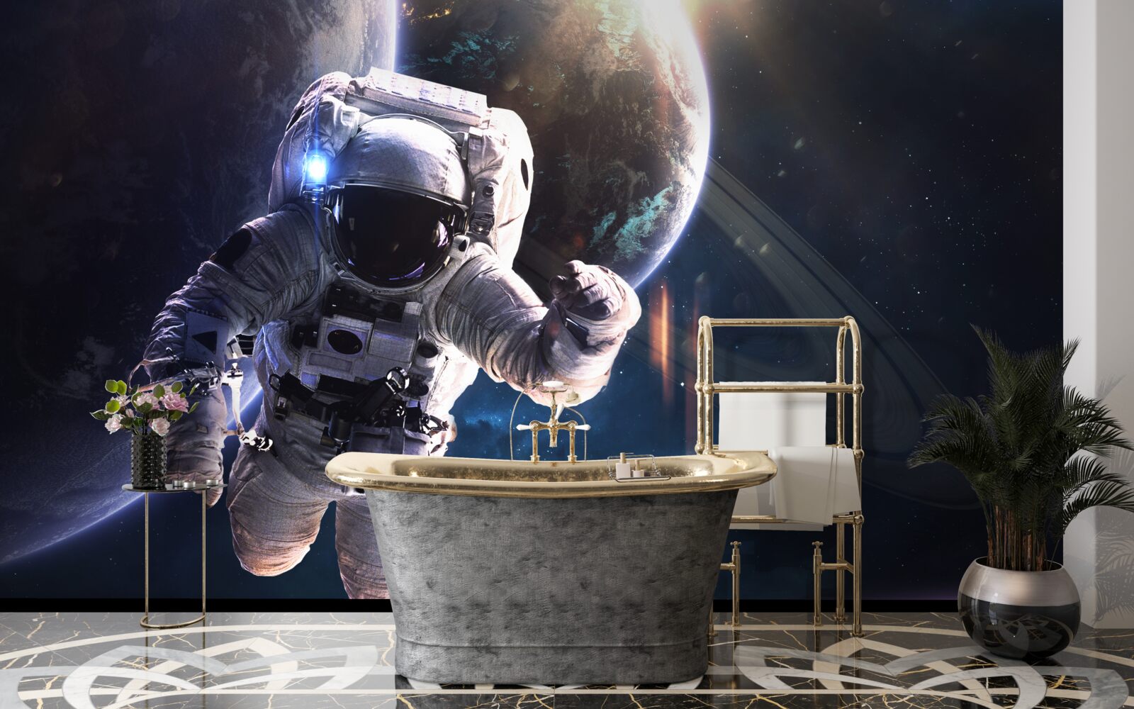 Фотошпалери астронавт позує перед Юпітером