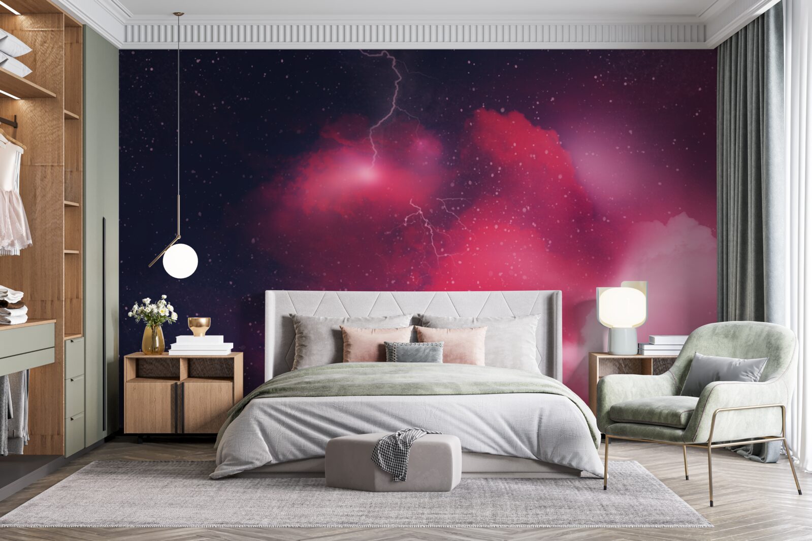 Фотошпалери спалахи грому в багряному просторі