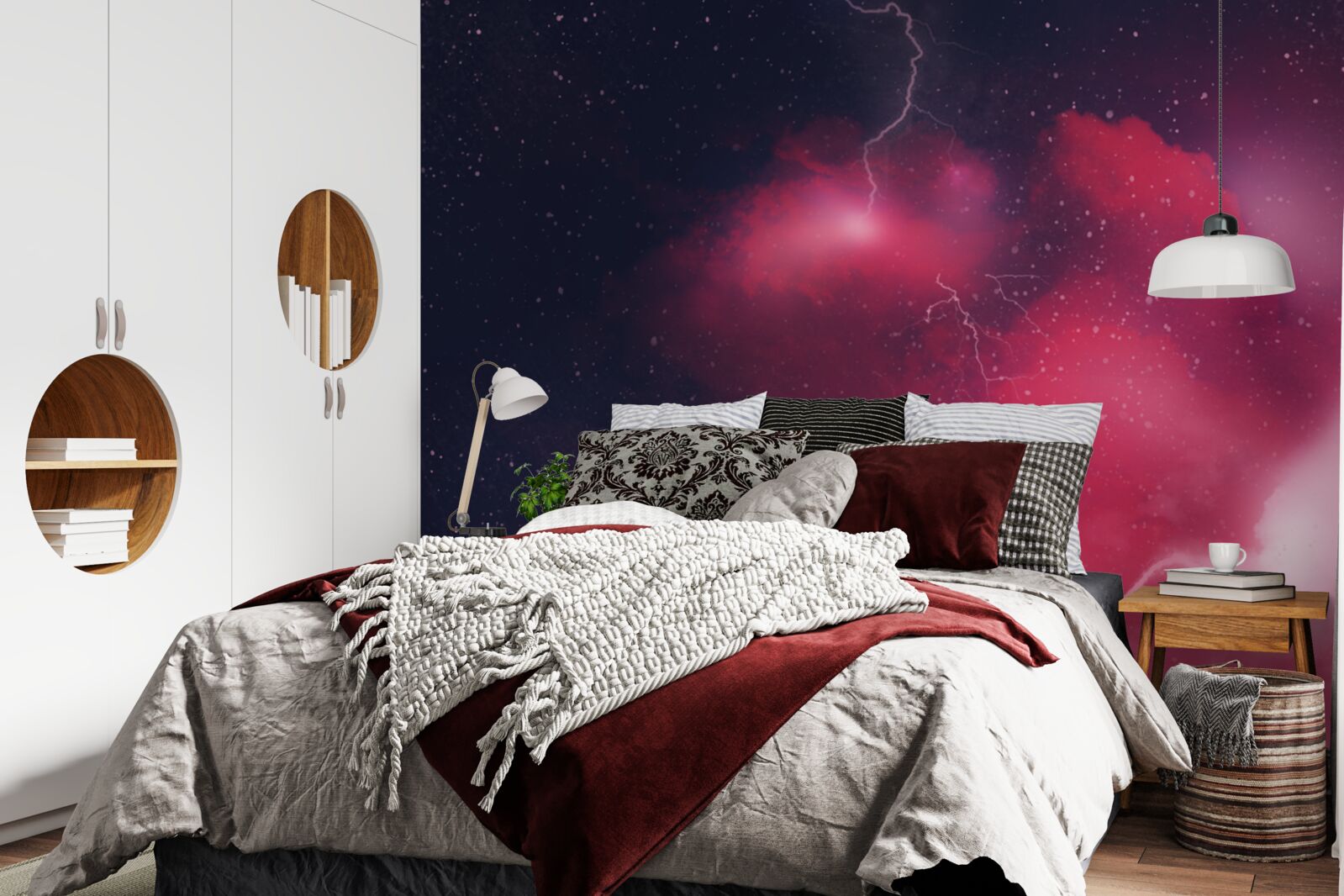 Фотошпалери спалахи грому в багряному просторі
