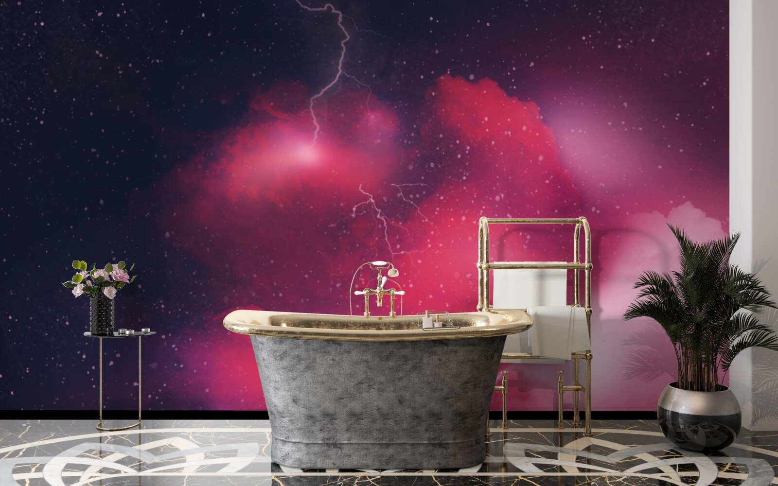 Фотошпалери спалахи грому в багряному просторі