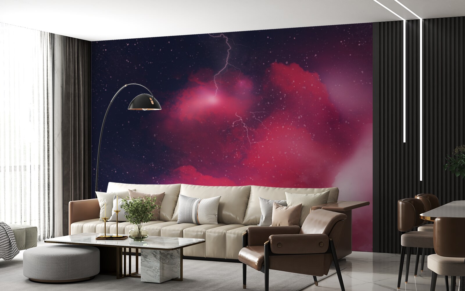 Фотошпалери спалахи грому в багряному просторі