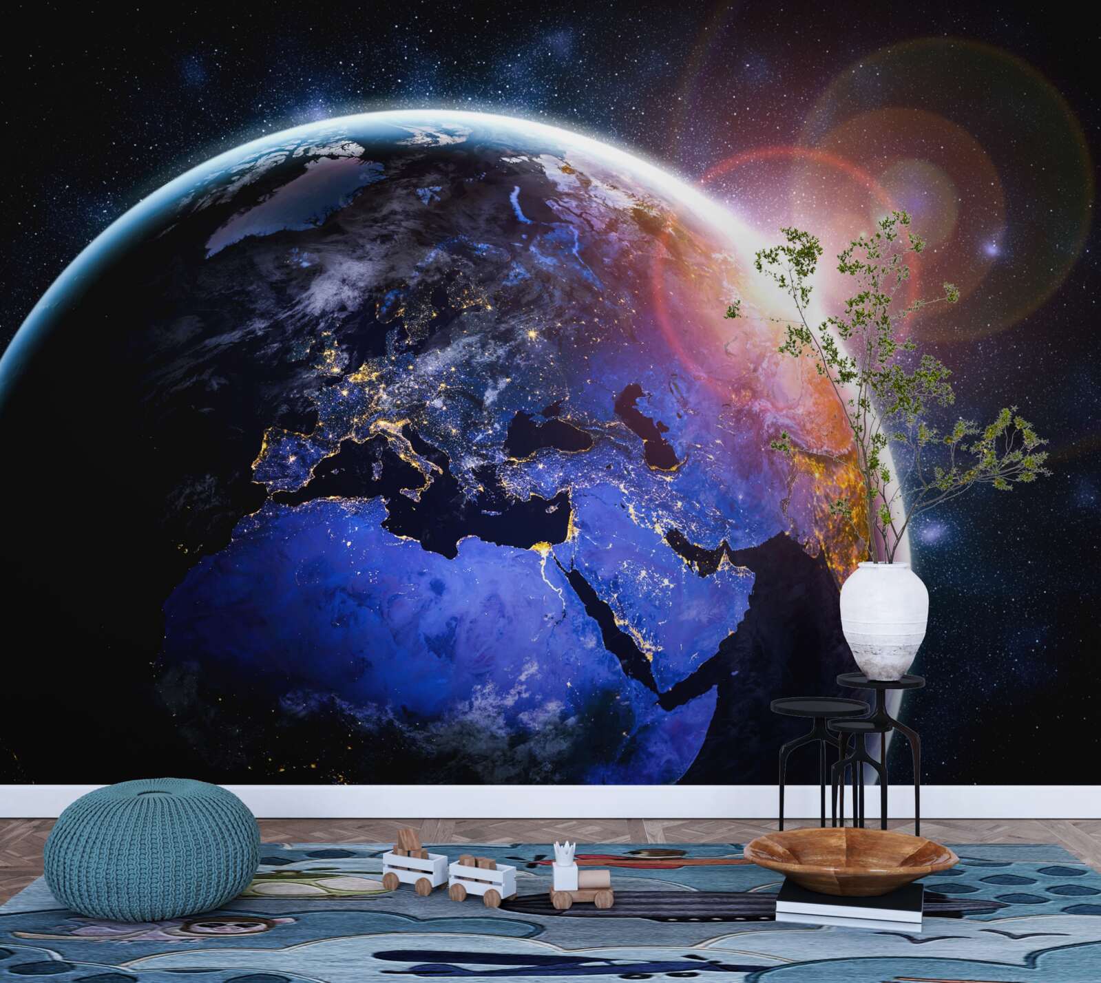 Фотошпалери сонце заходить у своєму яскравому світлі над планетою