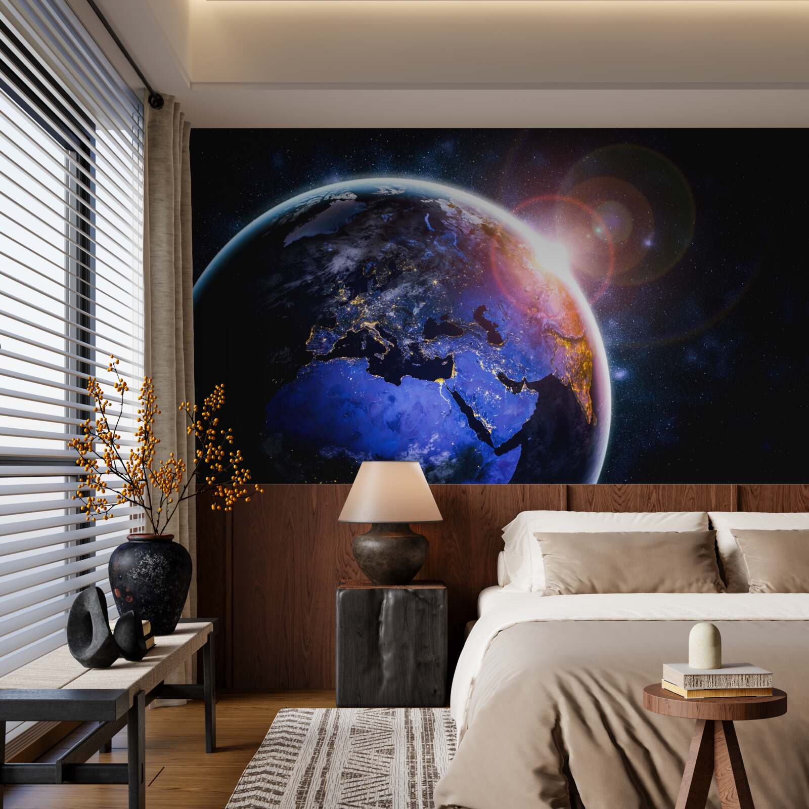 Фотошпалери сонце заходить у своєму яскравому світлі над планетою