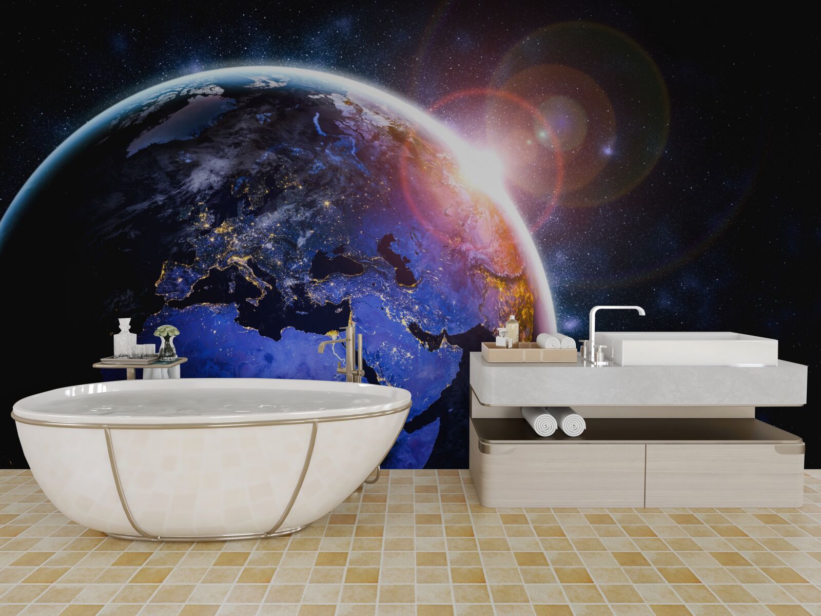 Фотошпалери сонце заходить у своєму яскравому світлі над планетою