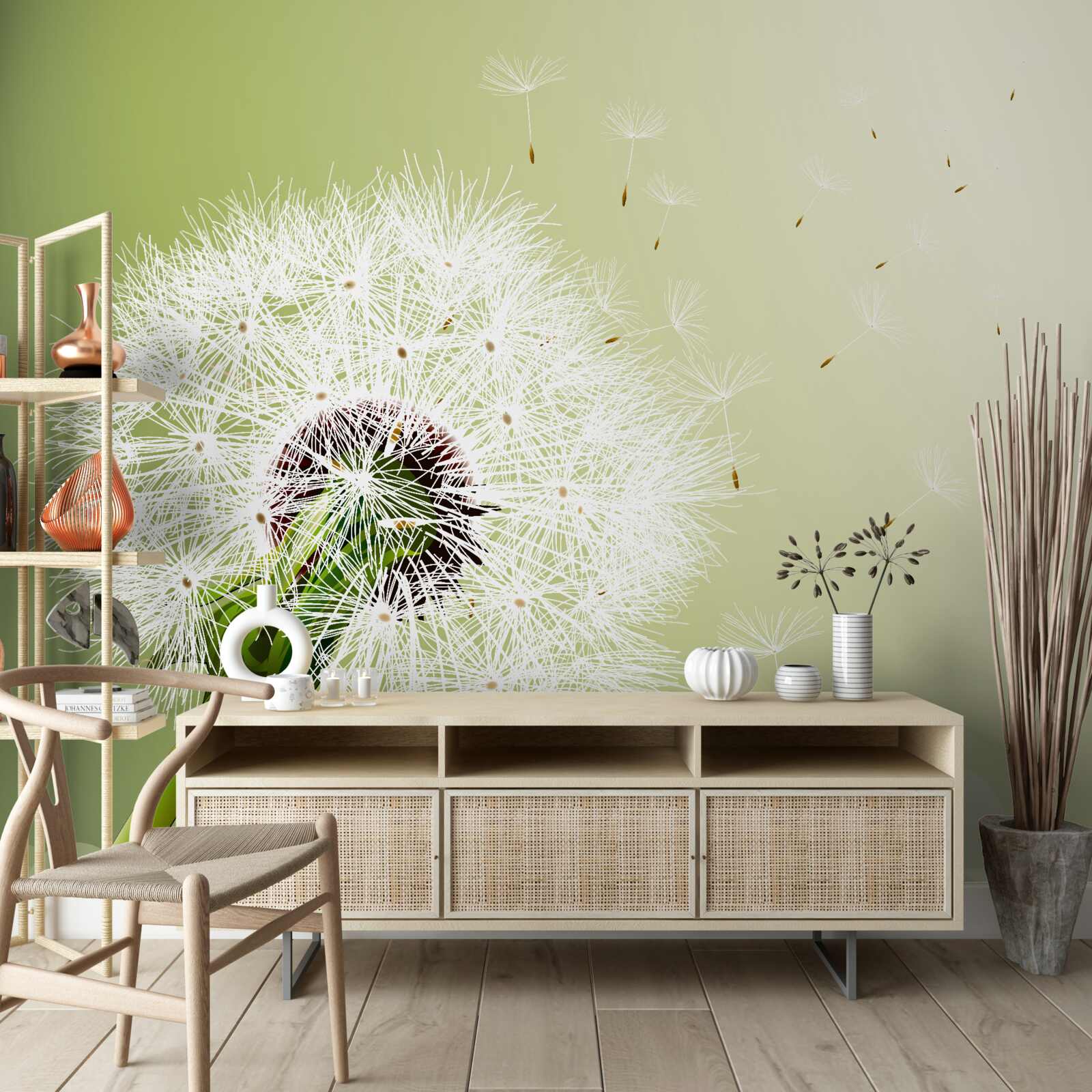 Фотошпалери біла кульбаба, що літає в повітрі