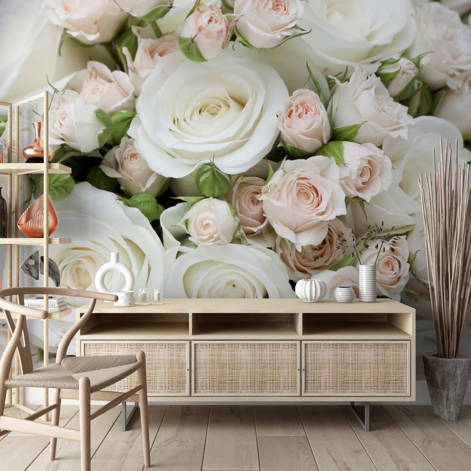 Фотошпалери букет складається з бежевих і білих кущових троянд