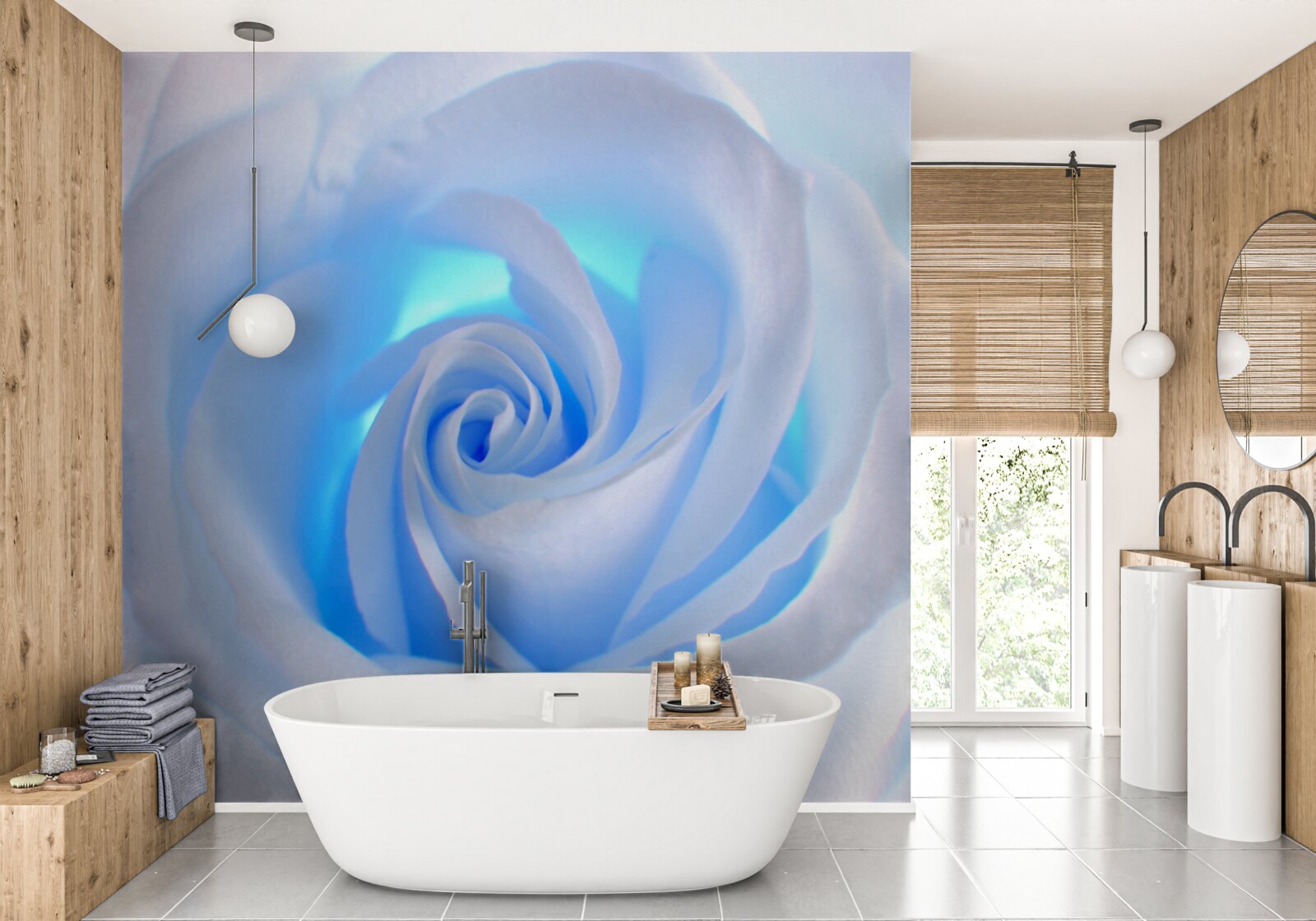 Фотошпалери блакитне світло, що просвічує крізь ніжну білу троянду