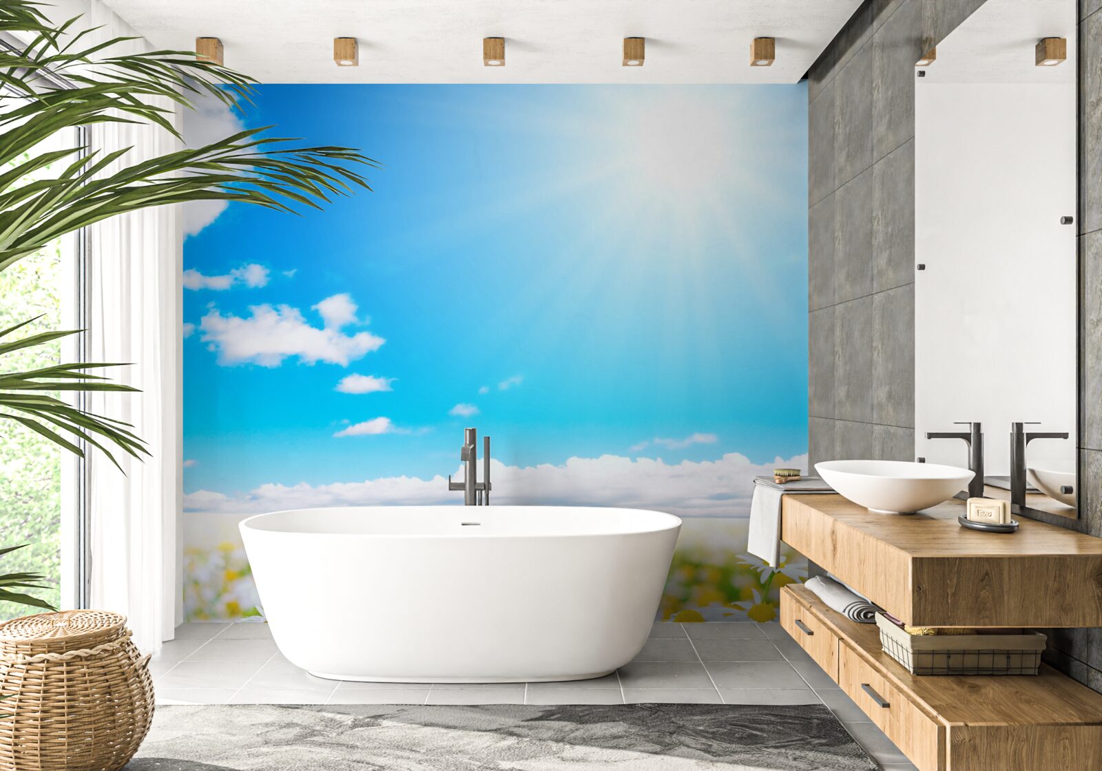 Фотошпалери Сонячне світло освітлює поле рясних ромашок