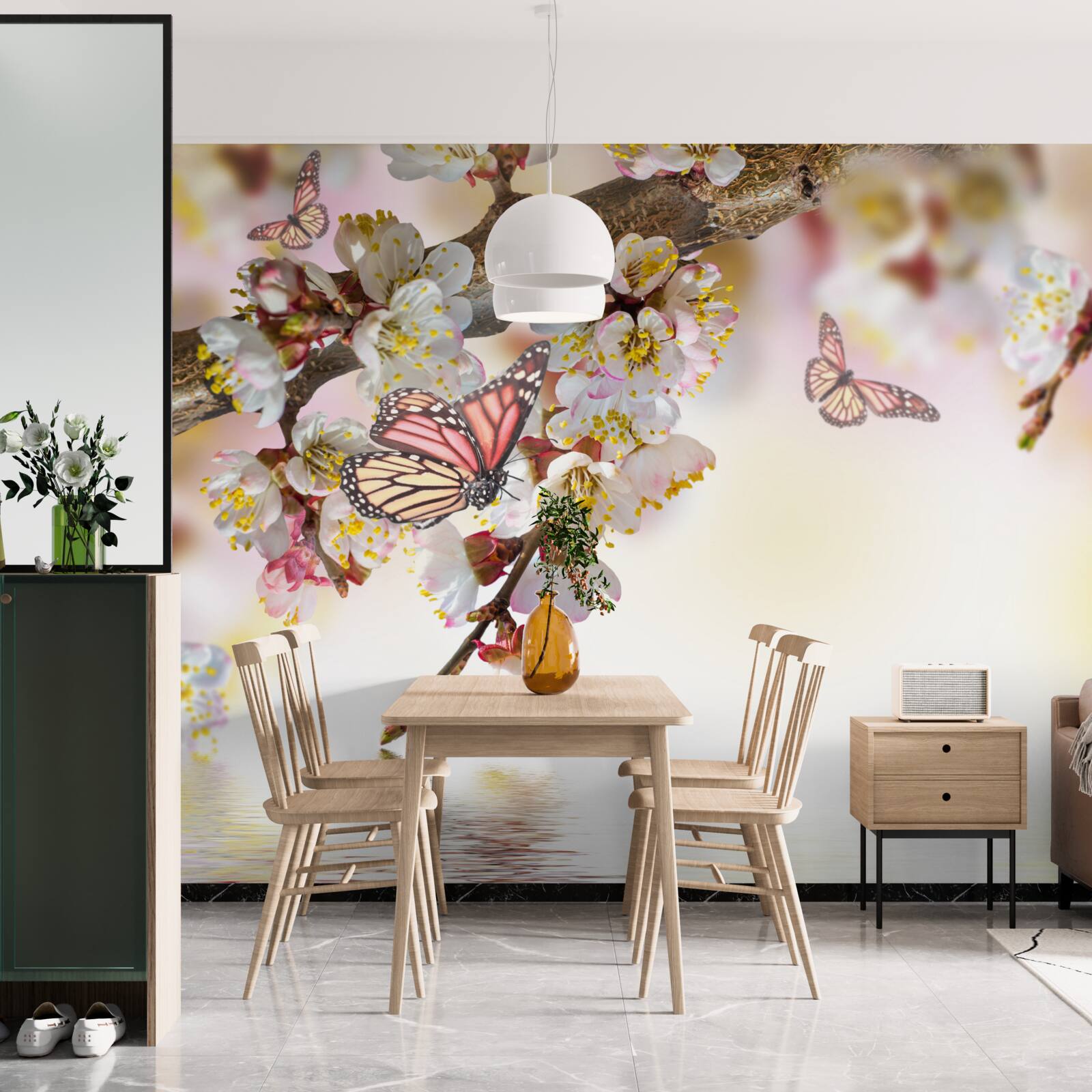 Фотошпалери квіти сакури стали домівкою для метеликів